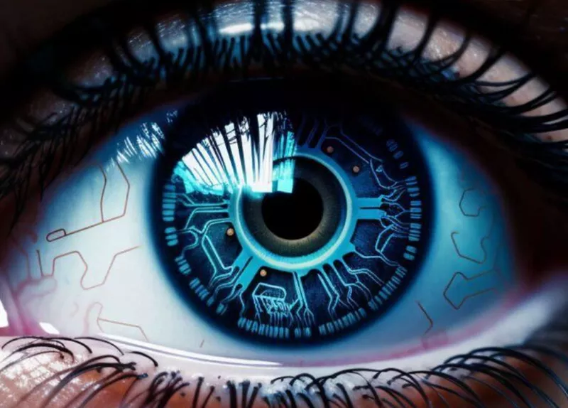 Ein faszinierendes menschliches Auge mit einem futuristischen, elektronischen Design im Inneren. Die iris zeigt komplexe Schaltkreise in leuchtenden Blautönen.