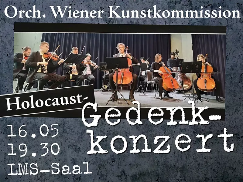 Ein Orchester spielt in einem Saal während eines Gedenkkonzerts. Das Event erinnert an den Holocaust und findet am 16.05. um 19:30 im LMS-Saal statt.