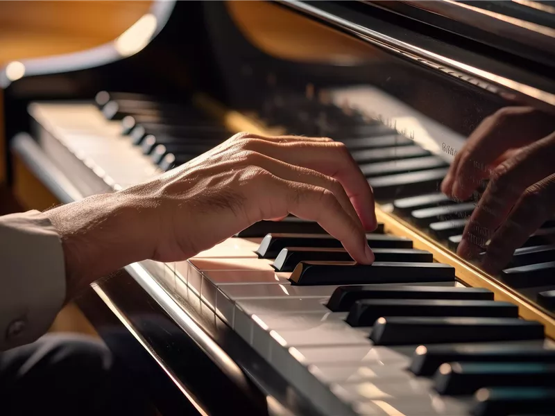 Eine Hand spielt auf den Tasten eines Klaviers. Im Hintergrund ist ein warmes, einladendes Licht zu sehen.