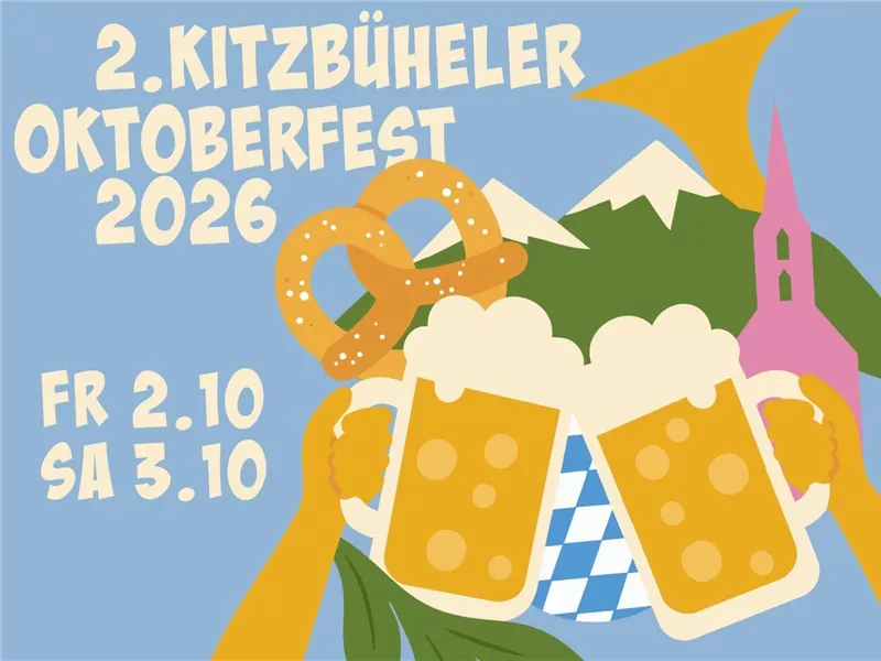 Grafik zum 2. Kitzbüheler Oktoberfest mit Bierkrügen, Brezel und Bergen vor blauem Hintergrund.