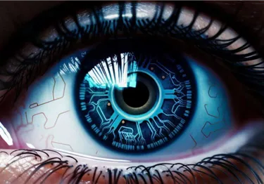 Ein faszinierendes menschliches Auge mit einem futuristischen, elektronischen Design im Inneren. Die iris zeigt komplexe Schaltkreise in leuchtenden Blautönen.