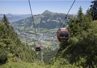 Eine Seilbahn fährt durch eine grüne Landschaft mit Bergen im Hintergrund. Im Tal ist eine Stadt sichtbar.