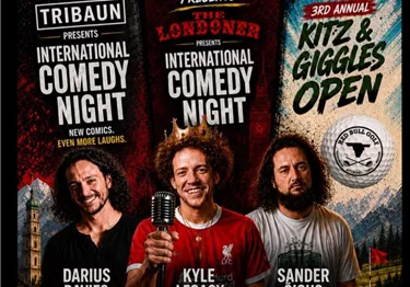 Veranstaltungsplakat für Kitz & Giggles mit drei Comedians vor einer Bergkulisse und Golf-Motiven.