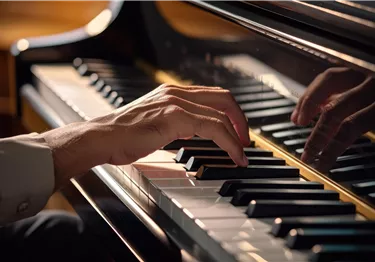 Eine Hand spielt auf den Tasten eines Klaviers. Im Hintergrund ist ein warmes, einladendes Licht zu sehen.