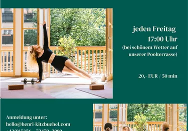 Ein Pilates-Kurs im Hotel Henri in Kitzbühel findet jeden Freitag um 17:00 Uhr statt. Die Teilnehmer üben in einem hellen Raum mit Aussicht auf die Natur.