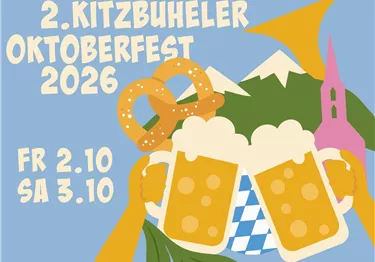 Grafik zum 2. Kitzbüheler Oktoberfest mit Bierkrügen, Brezel und Bergen vor blauem Hintergrund.
