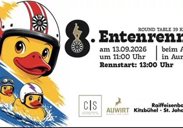 Ein Plakat für das Entenrennen in Kitzbühel. Die Veranstaltung findet am 13.09.2026 beim Auwirt in Aurach statt.