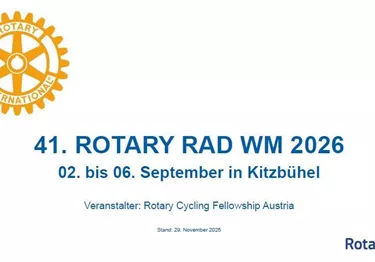 Ein Plakat für die 41. Rotary Rad WM 2026 in Kitzbühel. Die Veranstaltung findet vom 02. bis 06. September statt.