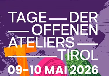 Ein kreatives Event mit dem Titel "Tage der Offenen Ateliers" findet am 26. und 27. April statt. Die Veranstaltung wird durch auffällige Grafiken und Informationen zur Webseite www.kulturnetzTirol.at beworben.