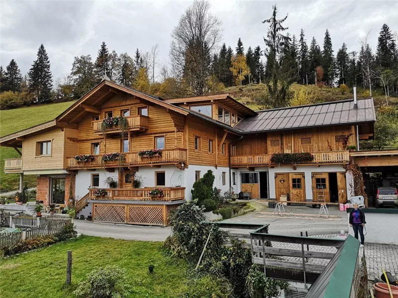 Ein charmantes Holzhaus mit Balkonblumen, umgeben von grünen Wiesen und Wäldern. Der Himmel ist bewölkt, was eine ruhige Stimmung schafft.