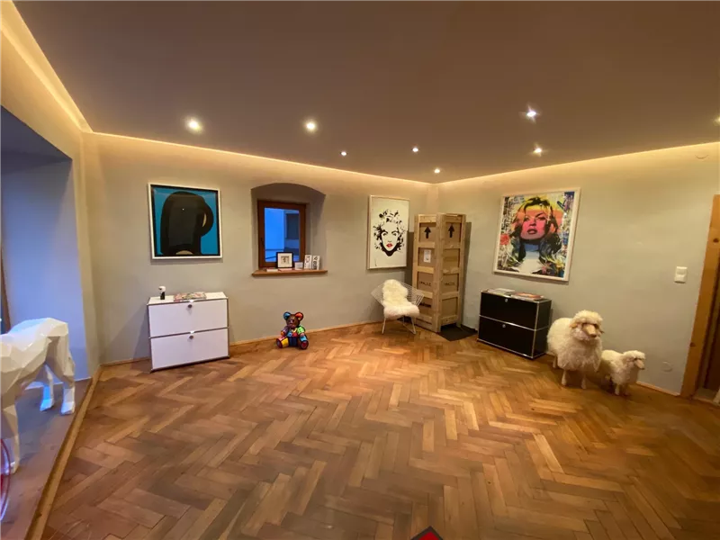 Ein modernes Wohnzimmer mit Holzfußboden und bunten Kunstwerken an den Wänden. Zwei Hunde stehen im Raum, und eine gemütliche Atmosphäre herrscht durch die indirekte Beleuchtung.