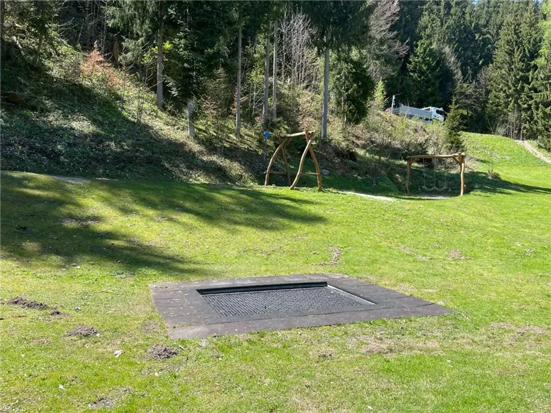 Ein offenes Grünland mit üppigem Gras und Bäumen im Hintergrund. In der Mitte befindet sich eine große, rechteckige Fläche mit einem Gitter.