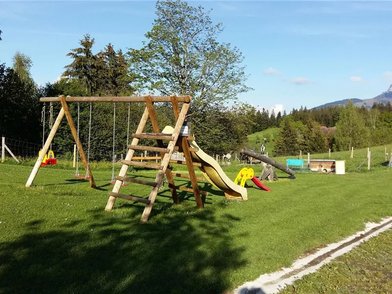 Ein Spielplatz mit einer Schaukel und einer Rutsche steht auf einer grünen Wiese. Im Hintergrund sind Bäume und Berge zu sehen.
