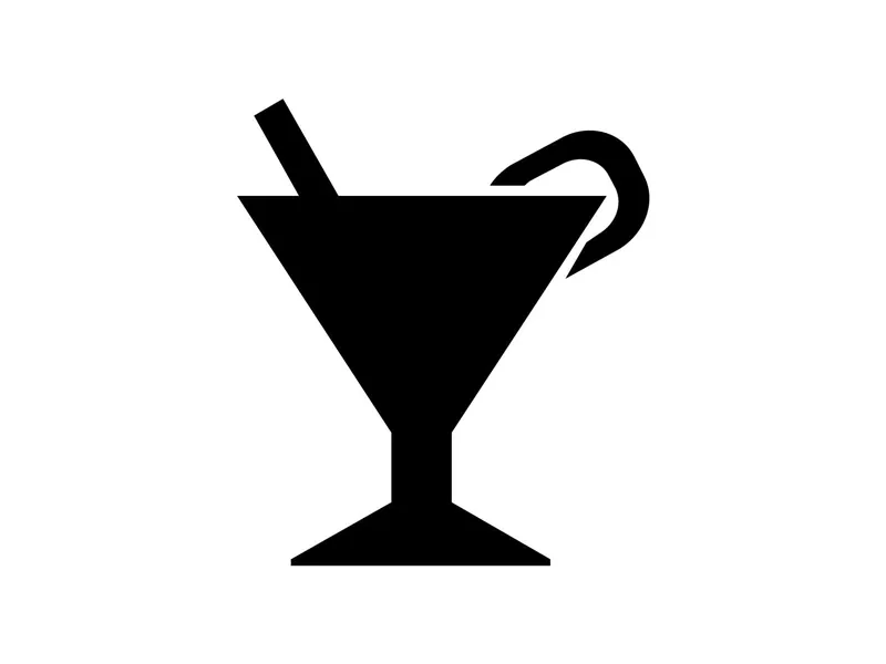 Ein stilisierter Cocktail in einem Becher mit einem Strohhalm. Das Getränk hat eine dekorative Garnitur.