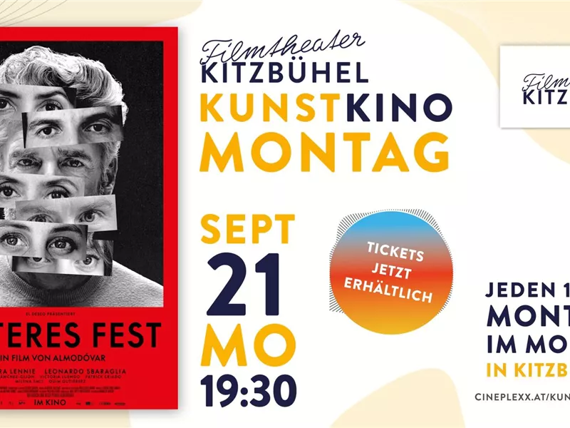 Ein Plakat für den Film "Bitteres Fest" im Kunstkino Kitzbühel. Es zeigt ein künstlerisches Design mit vielen Augen auf eine rote und schwarze Hintergrundfarbe.