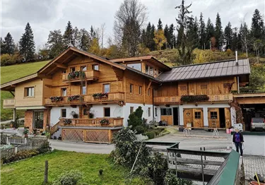 Ein charmantes Holzhaus mit Balkonblumen, umgeben von grünen Wiesen und Wäldern. Der Himmel ist bewölkt, was eine ruhige Stimmung schafft.
