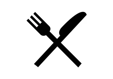 Ein schwarzes Symbol mit einem gekreuzten Besteck, bestehend aus einer Gabel und einem Messer. Es steht für Gastronomie oder Essen.