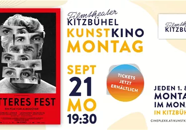 Ein Plakat für den Film "Bitteres Fest" im Kunstkino Kitzbühel. Es zeigt ein künstlerisches Design mit vielen Augen auf eine rote und schwarze Hintergrundfarbe.